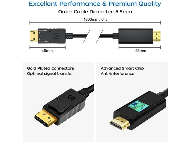 Alt view image 14 of 14 - 2 Pack 6FT 4K DisplayPort to HDMI Male to Male Cable, DP to HDMI Converter Cord for PC, HDTV, Monitor & Projector