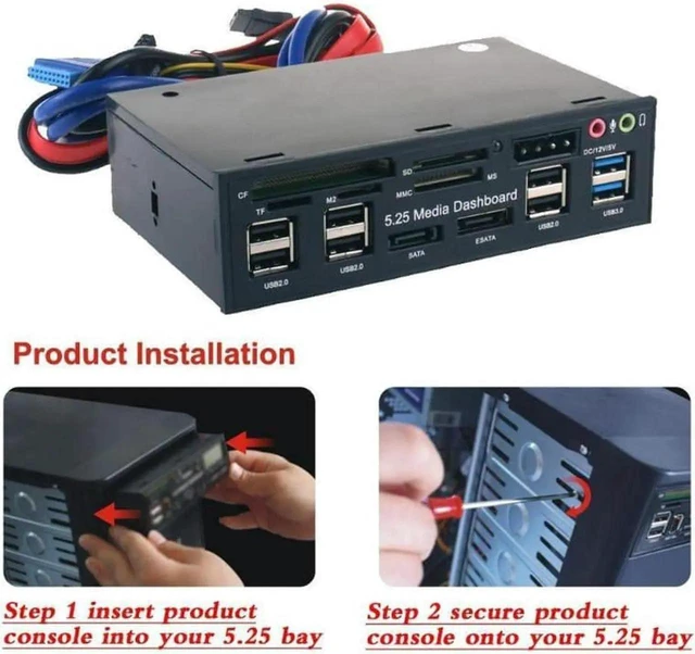 Alt view image 9 of 12 - Multi-Function USB 3.0 Hub eSATA SATA Port Internal Card Reader PC Dashboard Media Front Panel Audio for SD MS CF TF M2 MMC Memory Cards Fits 5.25" Bay