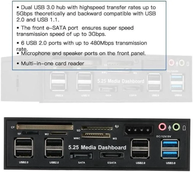 Alt view image 12 of 12 - Multi-Function USB 3.0 Hub eSATA SATA Port Internal Card Reader PC Dashboard Media Front Panel Audio for SD MS CF TF M2 MMC Memory Cards Fits 5.25" Bay