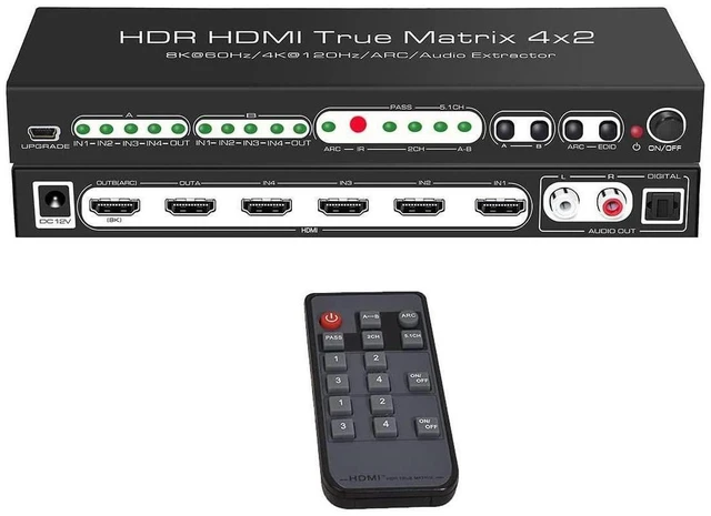 Alt view image 8 of 14 - HDMI 2.1 HDMI Matrix 4x2 8K @30HZ 60HZ 4K@ 60HZ 120HZ HDR ARC/CEC Switch Splitter 4 In to 2 Out SPDIF Optical + Stereo RCA L/R Audio Extractor with Remote Control eokCXOY