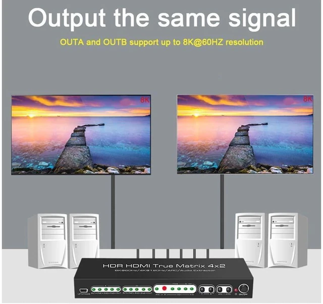 Alt view image 12 of 14 - HDMI 2.1 HDMI Matrix 4x2 8K @30HZ 60HZ 4K@ 60HZ 120HZ HDR ARC/CEC Switch Splitter 4 In to 2 Out SPDIF Optical + Stereo RCA L/R Audio Extractor with Remote Control eokCXOY