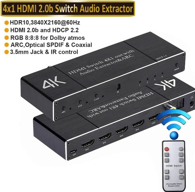 Alt view image 8 of 14 - 4x1 HDMI Switch with ARC,Coaxial & 3.5mm Jack & SPDIF Out, 4 Port HDMI Audio Extractor Splitter with Remote, Supports ARC, 4kx2k@60hz, Full 3D, RGB 8:8:8(Dobly Atmos),EDID,HDR10, OZQ7