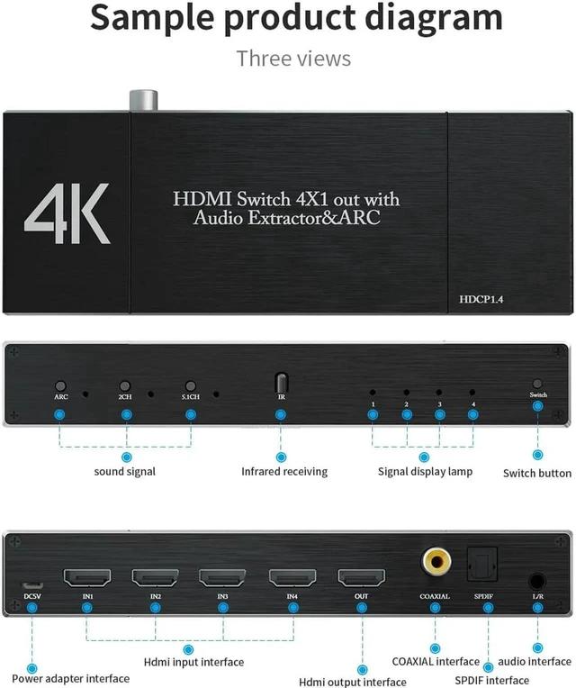 Alt view image 9 of 14 - 4x1 HDMI Switch with ARC,Coaxial & 3.5mm Jack & SPDIF Out, 4 Port HDMI Audio Extractor Splitter with Remote, Supports ARC, 4kx2k@60hz, Full 3D, RGB 8:8:8(Dobly Atmos),EDID,HDR10, OZQ7