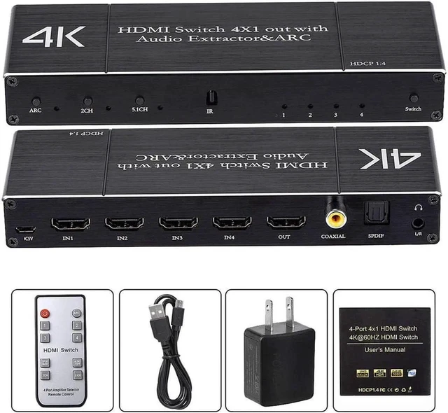Alt view image 14 of 14 - 4x1 HDMI Switch with ARC,Coaxial & 3.5mm Jack & SPDIF Out, 4 Port HDMI Audio Extractor Splitter with Remote, Supports ARC, 4kx2k@60hz, Full 3D, RGB 8:8:8(Dobly Atmos),EDID,HDR10, OZQ7