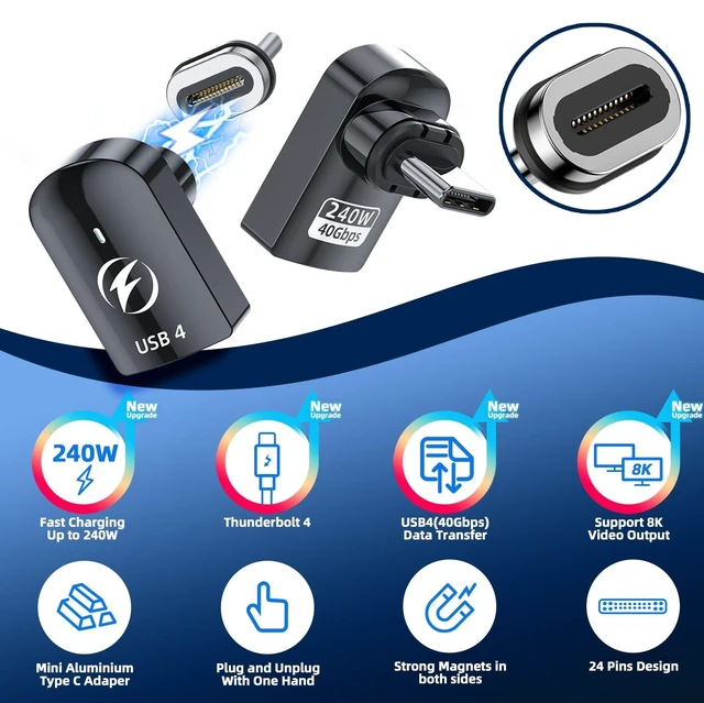 Alt view image 7 of 10 - DuHeSin USB C Magnetic Adapter 240W (2 Pack) Right Angle Magnetic USB-C Adapter 24 Pins with USB4 40Gbps 8K 60Hz for Thunderbolt 3/4, MacBook Pro/Air, Swtich and More Type C Devices