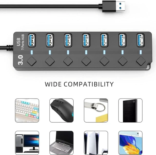 Alt view image 14 of 14 - USB 3.0 Hub 7-Port USB Data Hub Splitter with 3ft Long Cable USB Extension for Laptop PC Computer Surface Pro PS4/5 Flash Drive Mobile HDD - with LED Individual On/Off