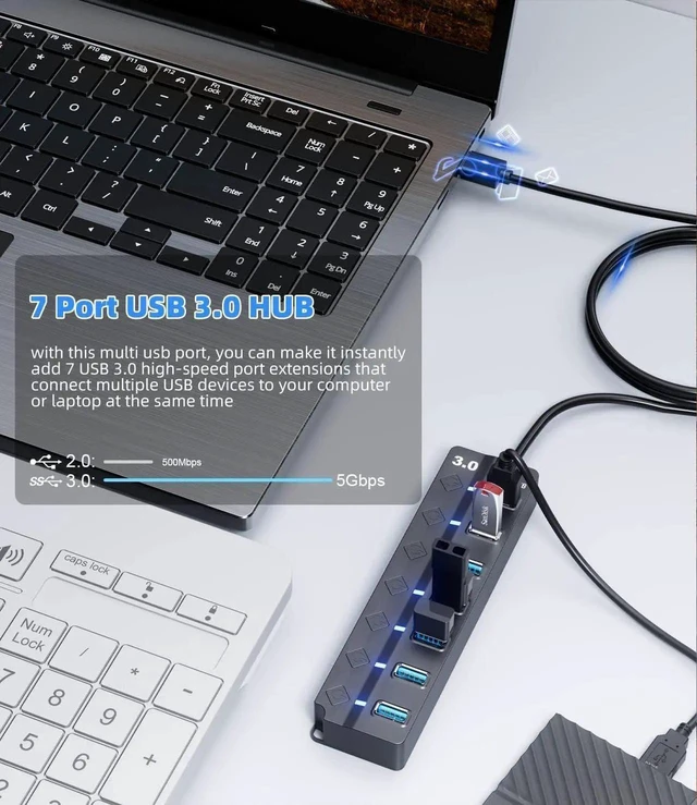 Alt view image 12 of 14 - USB 3.0 Hub 7-Port USB Data Hub Splitter with 3ft Long Cable USB Extension for Laptop PC Computer Surface Pro PS4/5 Flash Drive Mobile HDD - with LED Individual On/Off