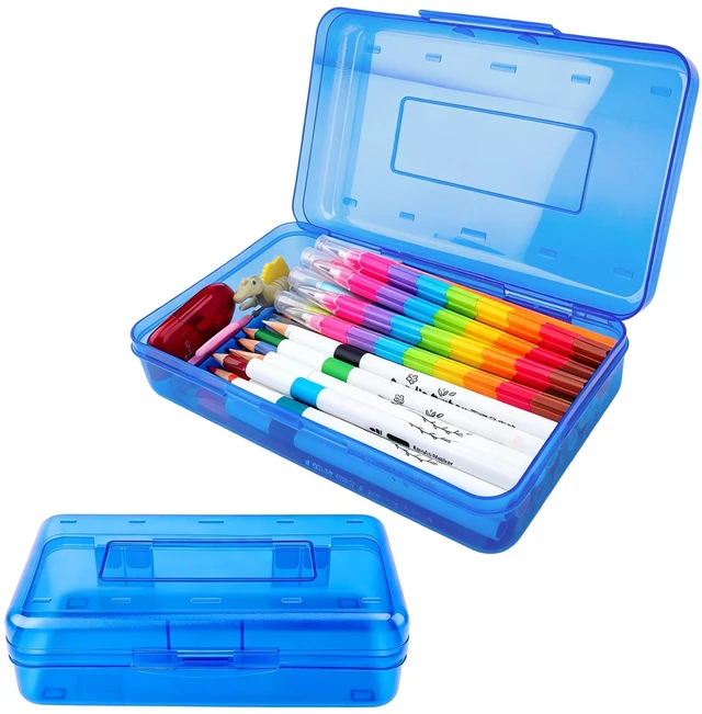 Main image of Pencil Box, Pencil Case, Large Capacity Plastic Pencil Box, Hard Hard Pencil Case Organizer with Snap-tight Lid Stackable, Clear Crayon Box for Girls and Boys, Storage Box for Office Supplies, Blue
