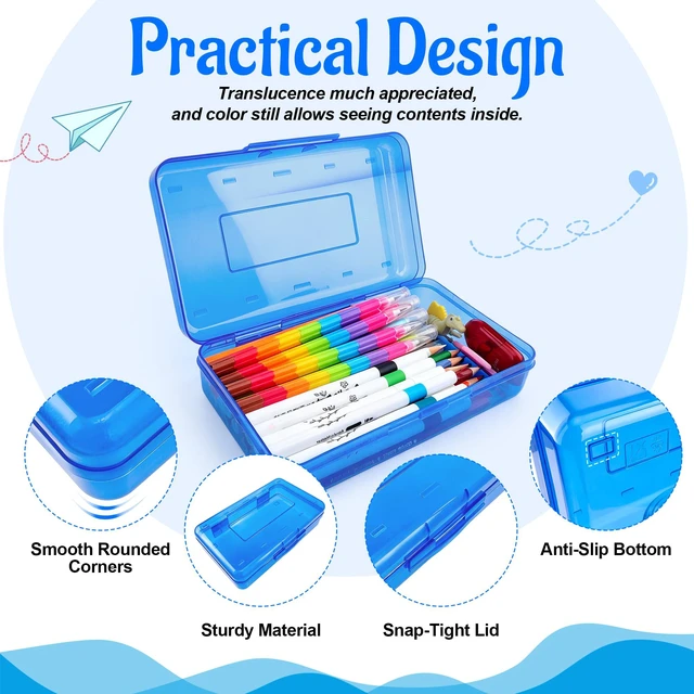 Alt view image 4 of 7 - Pencil Box, Pencil Case, Large Capacity Plastic Pencil Box, Hard Hard Pencil Case Organizer with Snap-tight Lid Stackable, Clear Crayon Box for Girls and Boys, Storage Box for Office Supplies, Blue