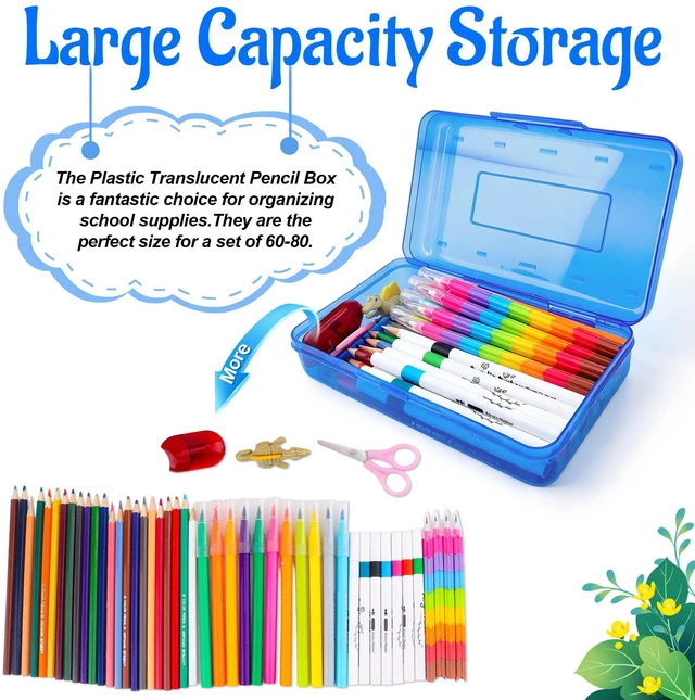 Alt view image 3 of 7 - Pencil Box, Pencil Case, Large Capacity Plastic Pencil Box, Hard Hard Pencil Case Organizer with Snap-tight Lid Stackable, Clear Crayon Box for Girls and Boys, Storage Box for Office Supplies, Blue