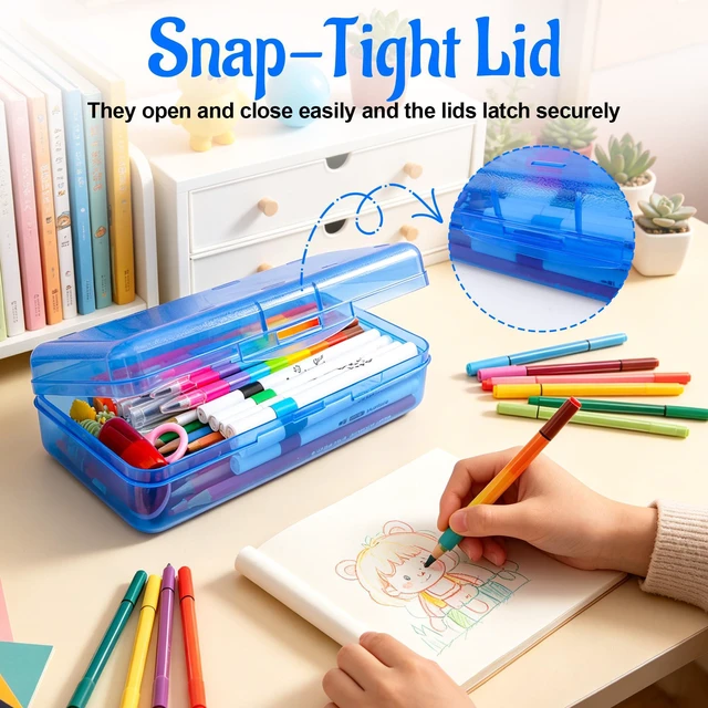Alt view image 5 of 7 - Pencil Box, Pencil Case, Large Capacity Plastic Pencil Box, Hard Hard Pencil Case Organizer with Snap-tight Lid Stackable, Clear Crayon Box for Girls and Boys, Storage Box for Office Supplies, Blue
