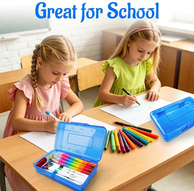 Alt view image 6 of 7 - Pencil Box, Pencil Case, Large Capacity Plastic Pencil Box, Hard Hard Pencil Case Organizer with Snap-tight Lid Stackable, Clear Crayon Box for Girls and Boys, Storage Box for Office Supplies, Blue