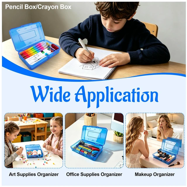 Alt view image 7 of 7 - Pencil Box, Pencil Case, Large Capacity Plastic Pencil Box, Hard Hard Pencil Case Organizer with Snap-tight Lid Stackable, Clear Crayon Box for Girls and Boys, Storage Box for Office Supplies, Blue