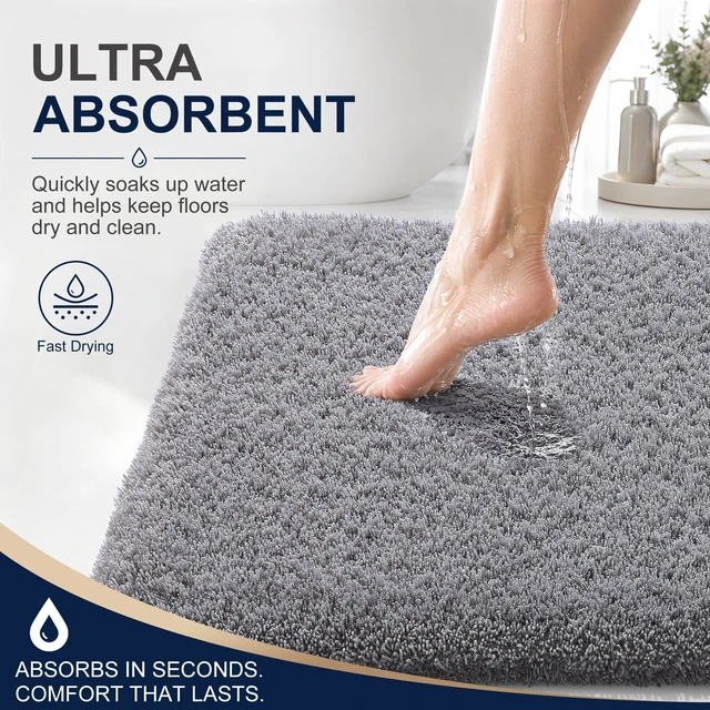 Alt view image 3 of 6 - Bathroom Rugs 30x20, Soft Highly Absorbent Bath Mat, Grey | QuickDry & NonSlip Bath Carpet, Machine Washable Plush Floor Mat for Bathroom, Shower, Sink, Home Decor Accessories