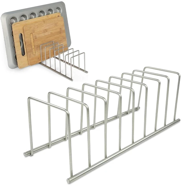 Main image of Euro Kitchen Organizer for Cooking and Bakeware, Satin Nickel | 8 storage slots, countertop or inside cabinet storage, holds plates, cutting boards, bakeware, strong metal build, versatile