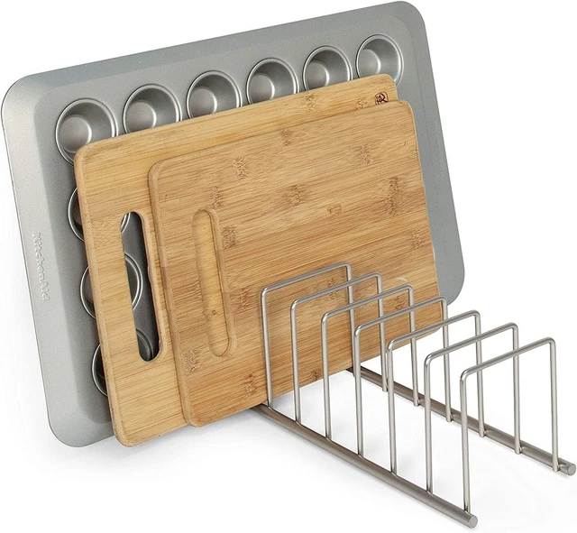 Alt view image 6 of 6 - Euro Kitchen Organizer for Cooking and Bakeware, Satin Nickel | 8 storage slots, countertop or inside cabinet storage, holds plates, cutting boards, bakeware, strong metal build, versatile