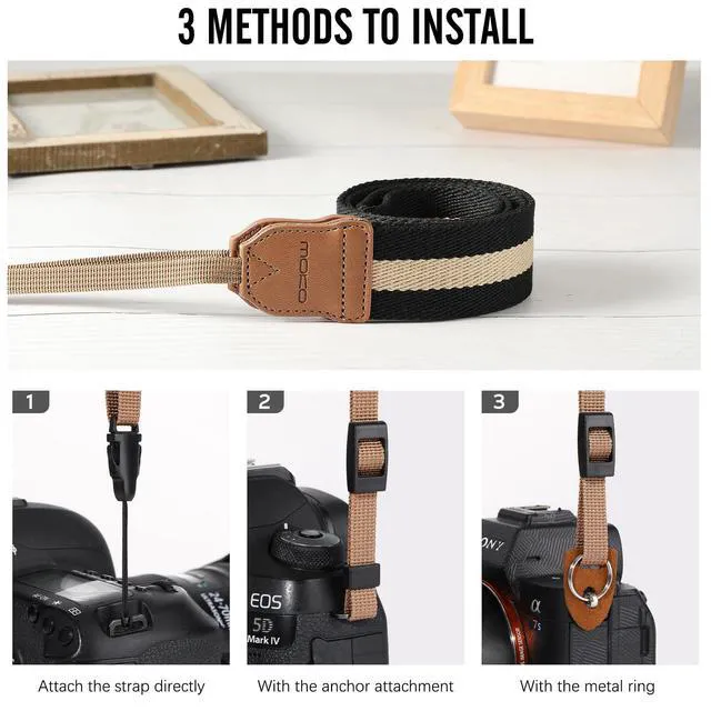 Alt view image 3 of 7 - Camera Strap Compitable with Canon/Sony/Nikon/Minolta/Panasonic/DSLR | Cotton Vintage Camera Strap,Adjustable Neck Shoulder Strap,for Camcorder,Binoculars,for Adults Kids, Black + Beige