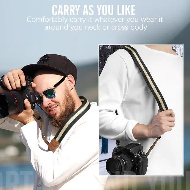 Alt view image 7 of 7 - Camera Strap Compitable with Canon/Sony/Nikon/Minolta/Panasonic/DSLR | Cotton Vintage Camera Strap,Adjustable Neck Shoulder Strap,for Camcorder,Binoculars,for Adults Kids, Black + Beige