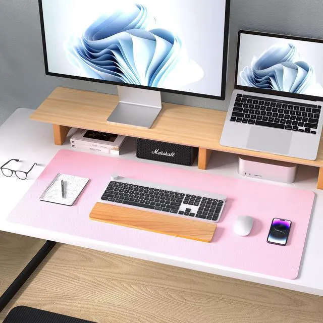 Alt view image 2 of 7 - Leather Desk Pad Protector, Mouse Pad, Office Desk Mat, Non-Slip PU Leather Desk Blotter, Laptop Desk Pad, Waterproof Desk Writing Pad for Office and Home (23.6" x 13.7", Fairy Pink)