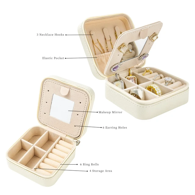 Alt view image 4 of 7 - Travel jewelry case Travel jewelry box Travel Jewelry Organizer Small Jewelry Organizer Box Gift for Girls Women with Mirror(White)