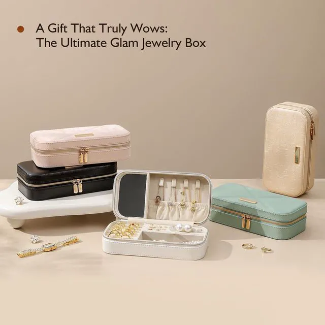 Main image of Travel Jewelry Case, Travel Jewelry Box Organizer with Mirror, 4.1 x 8 x 2.4 Inches, Stitching, Portable, Gift Idea (White)