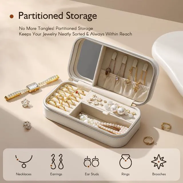 Alt view image 2 of 6 - Travel Jewelry Case, Travel Jewelry Box Organizer with Mirror, 4.1 x 8 x 2.4 Inches, Stitching, Portable, Gift Idea (White)