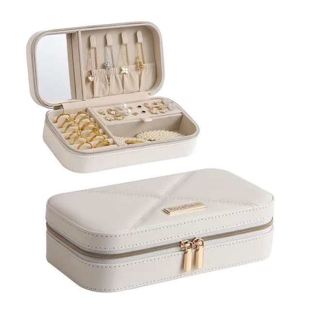 Alt view image 4 of 6 - Travel Jewelry Case, Travel Jewelry Box Organizer with Mirror, 4.1 x 8 x 2.4 Inches, Stitching, Portable, Gift Idea (White)