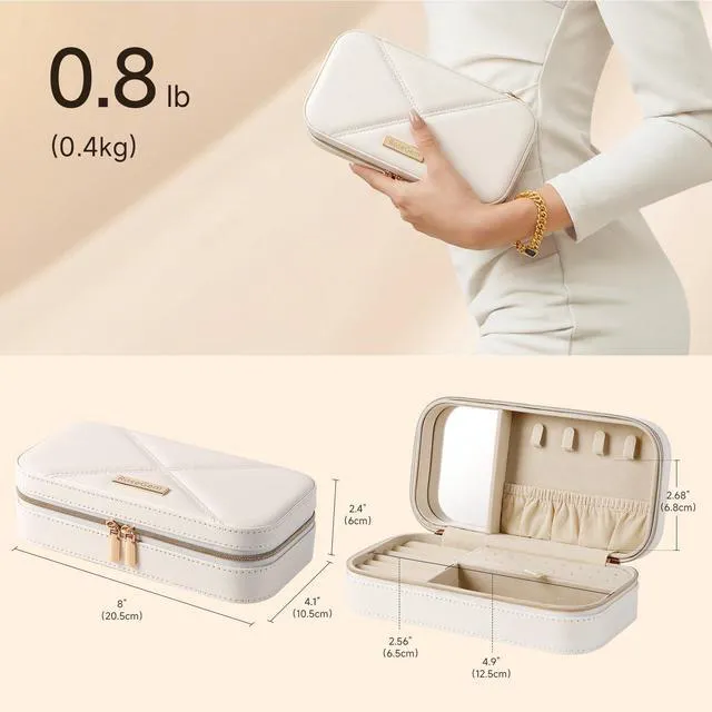 Alt view image 5 of 6 - Travel Jewelry Case, Travel Jewelry Box Organizer with Mirror, 4.1 x 8 x 2.4 Inches, Stitching, Portable, Gift Idea (White)