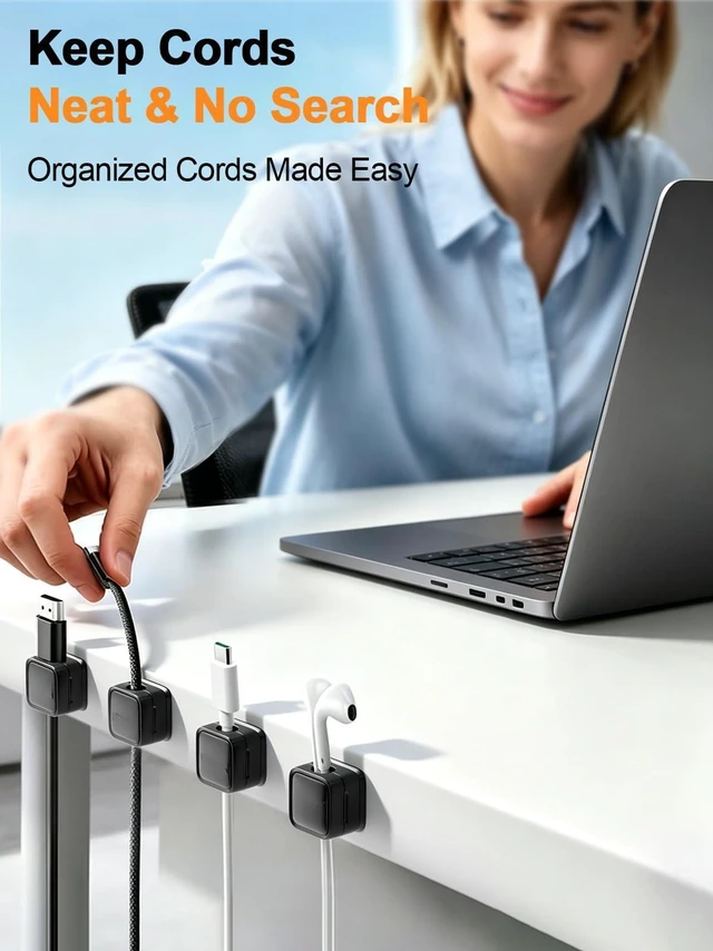 Alt view image 2 of 7 - 9 Pack Cord Organizer, Magnetic Cable Clips, Under Desk Management, Black | 0.27in Cable Compatible,Strong Adheive Wire Holder Keeper,Easy Open Phone Charger Holder for Home Car Desk Nightstand Office