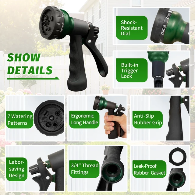 Alt view image 3 of 7 - Garden Hose Nozzle, Water Hose Sprayer Nozzle with 7 Adjustable Watering Patterns, Slip Resistant for Watering Plants, Lawn& Garden, Washing Cars, Cleaning, Showering Pets & Outdoor Fun.