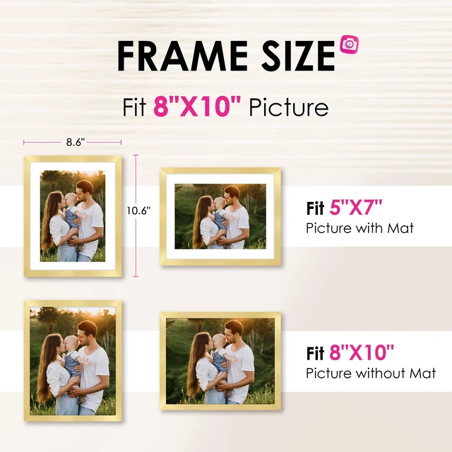 Alt view image 2 of 7 - 8x10 Picture Frame Set of 2, Gold Picture Frames Collage for Tabletop or Wall Display, Photo Frame with HD Plexiglass, Display Pictures 5x7 with Mat or 8x10 Without Mat