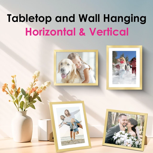 Alt view image 6 of 7 - 8x10 Picture Frame Set of 2, Gold Picture Frames Collage for Tabletop or Wall Display, Photo Frame with HD Plexiglass, Display Pictures 5x7 with Mat or 8x10 Without Mat