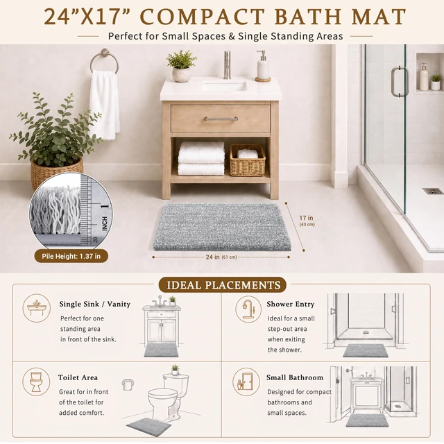 Alt view image 5 of 7 - Bathroom Rugs Non Slip Washable, Ultra Soft and Water Absorbent Bath Mats, Fluffy Shower Mat Outside, Plush Matts for Bathroom Floor/Sink, 24X17, Home Decor Accessories, Light Gray and White