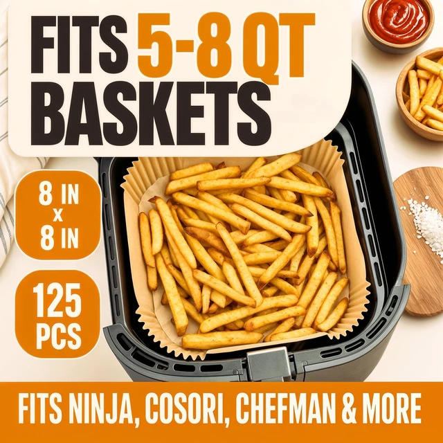 Alt view image 7 of 7 - Air Fryer Paper Liners, 125Pcs Air Fryer Disposable Liners | Non-Stick and Oil Proof for Easy Cleanup, 8" Square for 5-8 qt Basket by