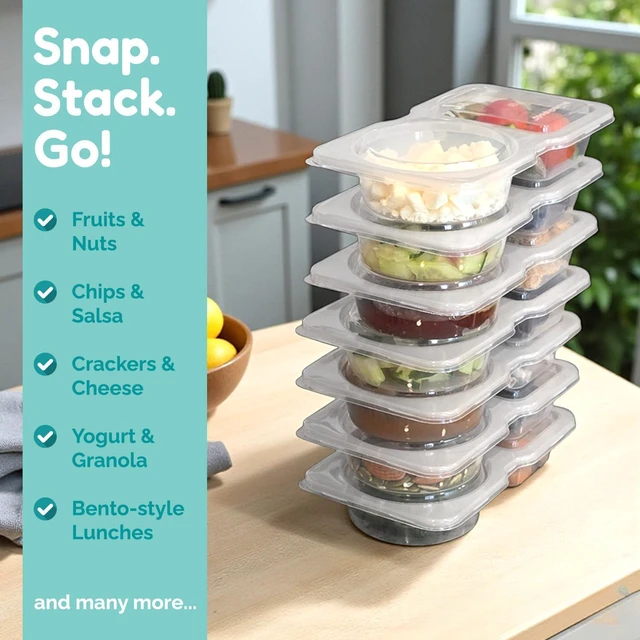 Alt view image 5 of 7 - Reusable Snack Containers with Lids 20 Pack (40 Pieces) Portion control, Snack Pack Containers 2 Double Compartment Snack Containers for Kids On the Go Meals, Camping Snack Tray Prep