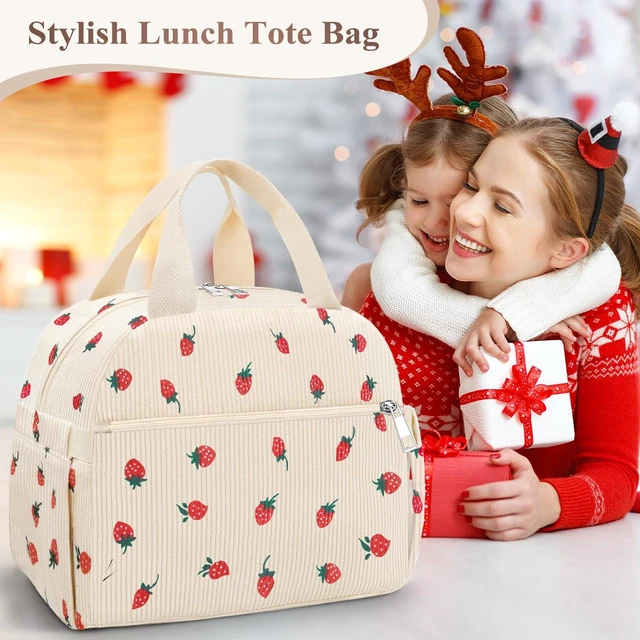 Alt view image 7 of 7 - Lunch Box for Women, Cute Strawberry Corduroy Insulated Lunch Bag Women Reusable Work Leakproof Simple Adults Large Lunch Boxes Tote Bag Men Cooler Bag