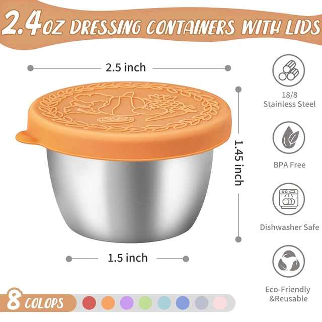 Alt view image 2 of 6 - 8 Pack - 2.4 Oz Small Salad Dressing Containers To Go, Sauce Cups with Lids | Food-grade stainless steel, leakproof reusable, BPA-free silicone, for lunch boxes, Kitchen storage, Picnic & meal prep