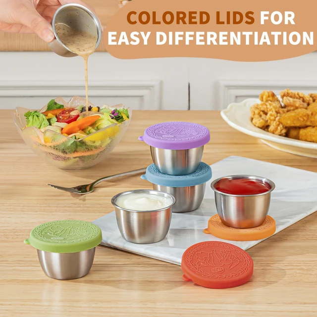 Alt view image 4 of 6 - 8 Pack - 2.4 Oz Small Salad Dressing Containers To Go, Sauce Cups with Lids | Food-grade stainless steel, leakproof reusable, BPA-free silicone, for lunch boxes, Kitchen storage, Picnic & meal prep