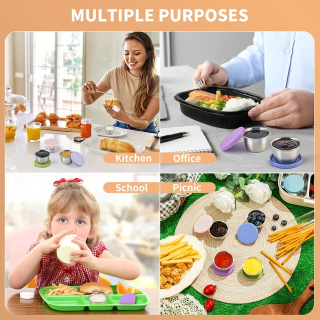 Alt view image 6 of 6 - 8 Pack - 2.4 Oz Small Salad Dressing Containers To Go, Sauce Cups with Lids | Food-grade stainless steel, leakproof reusable, BPA-free silicone, for lunch boxes, Kitchen storage, Picnic & meal prep