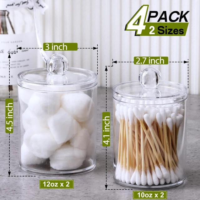 Alt view image 6 of 7 - 4 Pack Acrylic Qtip Holder Dispenser for Cotton Swabs, Balls, Floss Picks Thick, Highly Clear, w/ Labels - Small Canister Apothecary Jar Set, Bathroom Decor Essentials, Shelf Vanity Storage Organizer