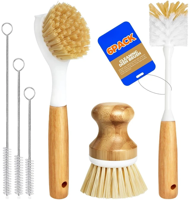 Main image of 6 Pack Dish Brush with Bottle Brush Scrub Brush Straw,Yellow | Dish Brush, Palm Scrub Brush and Straw Brush, Dish Scrubber Long Handle for Dish Bottle Cup Skillet Wok Pot Pan Cast Iron