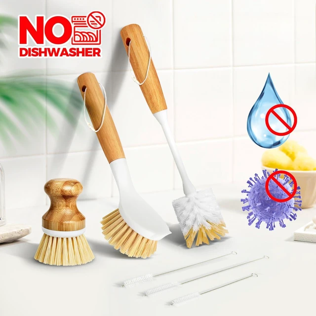 Alt view image 5 of 6 - 6 Pack Dish Brush with Bottle Brush Scrub Brush Straw,Yellow | Dish Brush, Palm Scrub Brush and Straw Brush, Dish Scrubber Long Handle for Dish Bottle Cup Skillet Wok Pot Pan Cast Iron