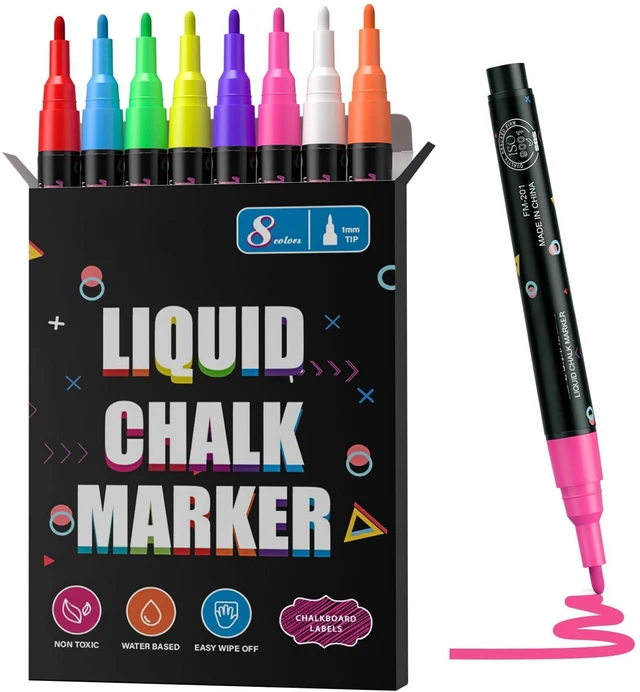 Main image of Fine Tip Chalk Markers, Liquid Chalk Pens-8 Pack, 1mm Point | Dry & Wet Erase Chalkboard Markers, Non-Toxic Chalk Marker for First Day of School Sign, Blackboard, Glass, Cars