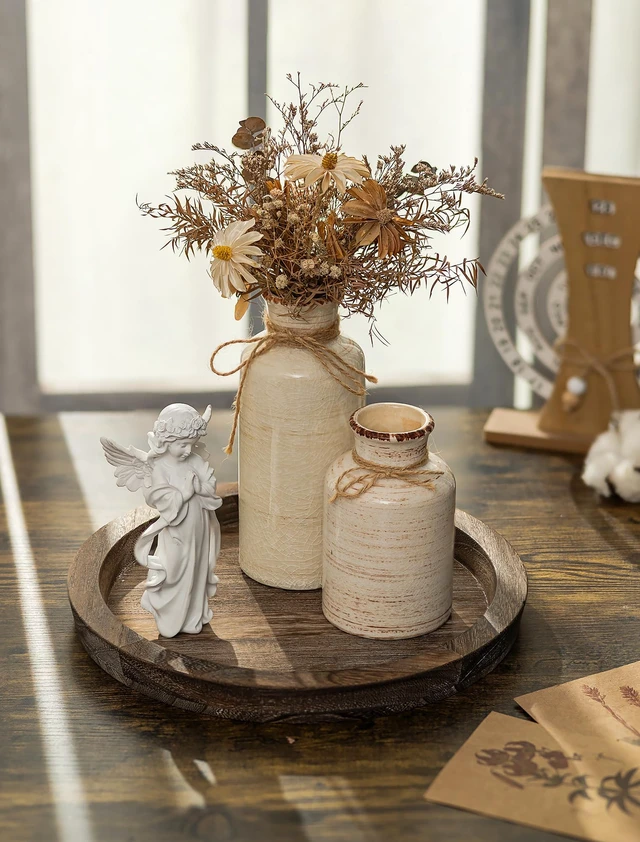 Alt view image 2 of 7 - Round Wooden Candle Holder Trays for Coffee Table, Distressed Finish | 11.2" Rustic Decorative Candlestick Plates for Kitchen Centerpiece, Farmhouse Living Room Fall Decor