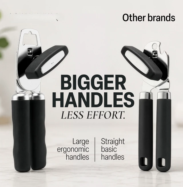Alt view image 2 of 7 - Manual Can Opener Heavy Duty Patented Stainless Steel, Black | Premium Razor Sharp Cutting Blade, Rust Proof Oversized Easy-to-Turn Knob Soft-Touch Comfy Grip Handles and Bottle Opener