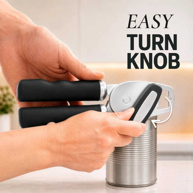 Alt view image 6 of 7 - Manual Can Opener Heavy Duty Patented Stainless Steel, Black | Premium Razor Sharp Cutting Blade, Rust Proof Oversized Easy-to-Turn Knob Soft-Touch Comfy Grip Handles and Bottle Opener