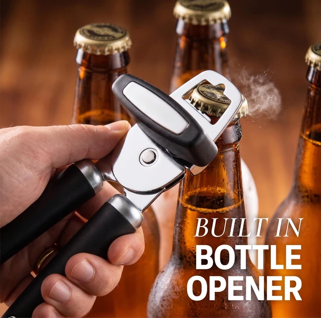 Alt view image 7 of 7 - Manual Can Opener Heavy Duty Patented Stainless Steel, Black | Premium Razor Sharp Cutting Blade, Rust Proof Oversized Easy-to-Turn Knob Soft-Touch Comfy Grip Handles and Bottle Opener