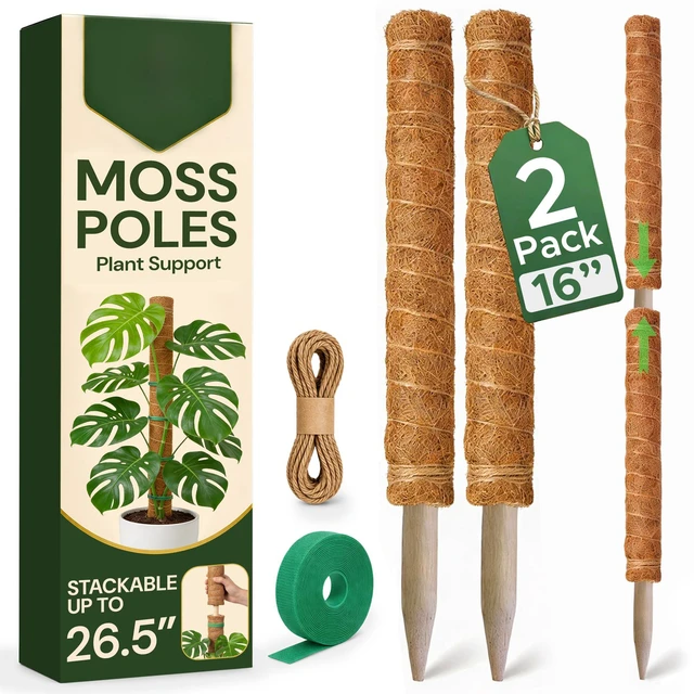 Main image of 2 Pack 16" Moss Pole Monstera Plant Support - Stackable up to 26.5" | Plant Stakes for Indoor Climbing Plants Potted - Tall Coco Coir Pole Sticks & Accessories for Monstera, Pothos & Philodendron