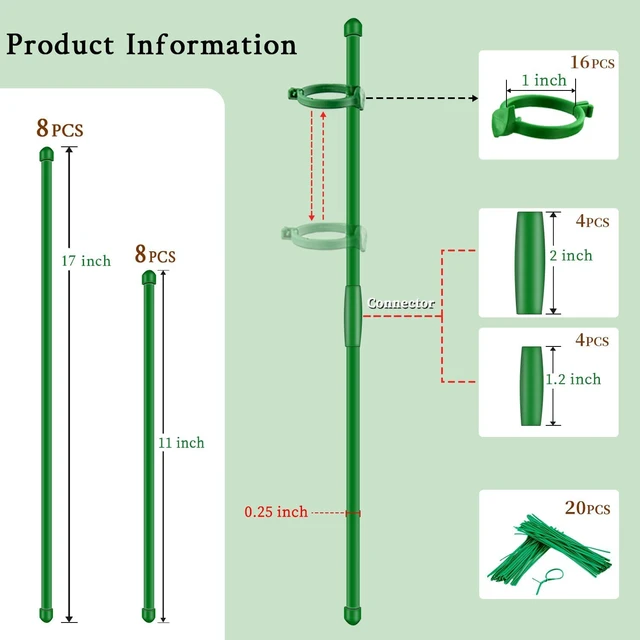 Alt view image 2 of 7 - Plant Stakes 17inch &11inch Adjustable Length Plant Support Stake 16Pcs Orchid Stick with Clips for Indoor Outdoor,Garden Pole for Potted Tomato Amaryllis Vegetables Comes with 20 Ties (Green)