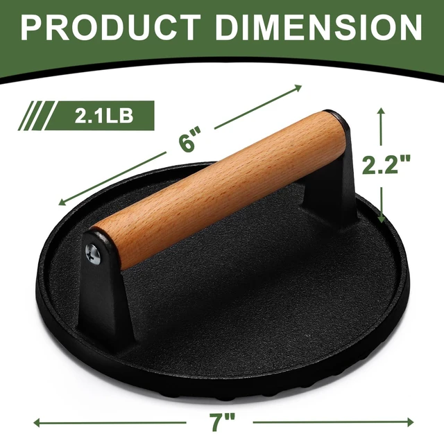 Alt view image 2 of 7 - Burger Press, 7" Round Heavy-Duty Cast Iron Smash Bacon Press Meat Steak with Wood Handle for Griddle, Sandwich, Nonstick Pan